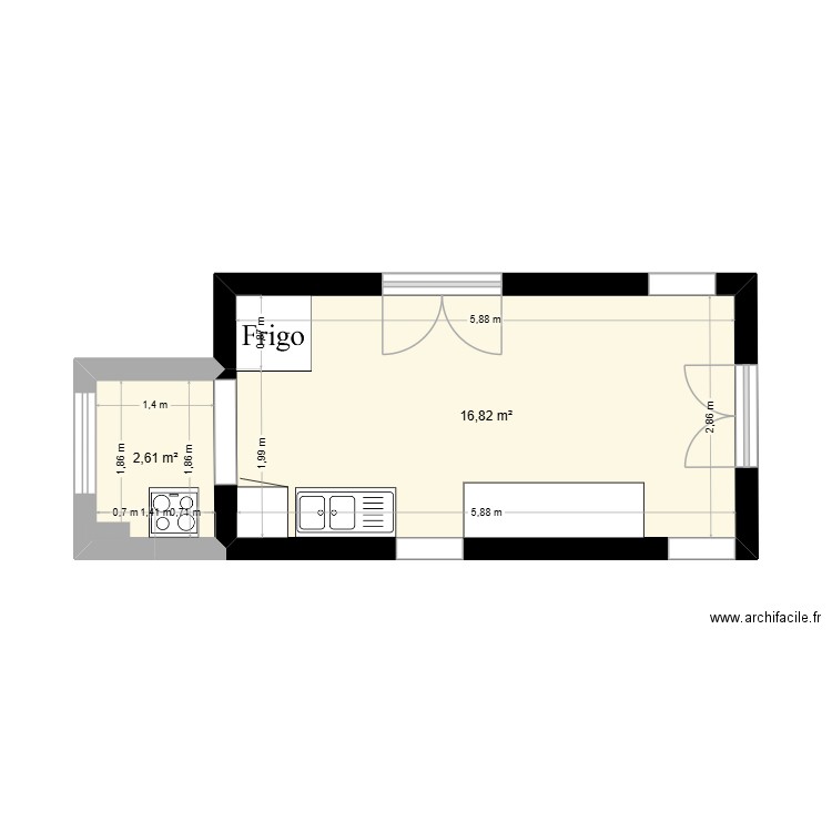 Cuisine originales NAns. Plan de 2 pièces et 19 m2