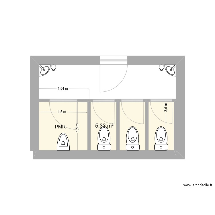 Sanitaires. Plan de 1 pièce et 5 m2