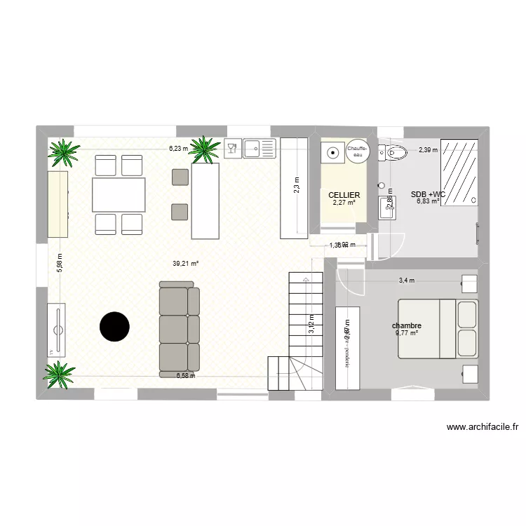 projet gite. Plan de 4  et 58 m²
