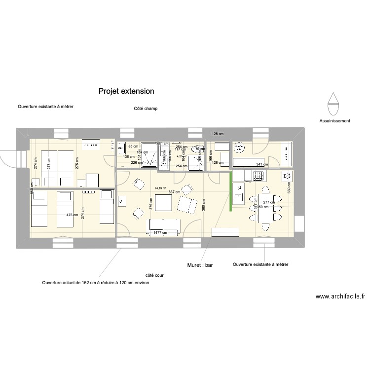 extension. Etat vierge. Plan de 2 pièces et 85 m2