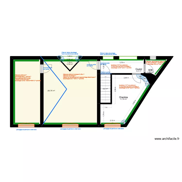 Doucet - appartement R+1 - pl&acirc;trerie. Plan de 8  et 27 m²