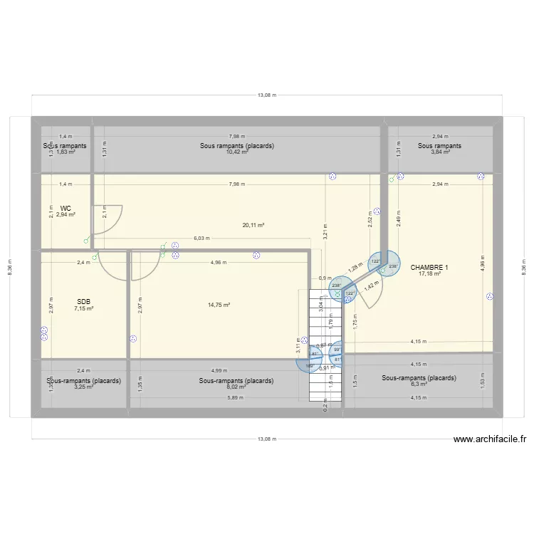 Etage initial. Plan de 11 pièces et 96 m²