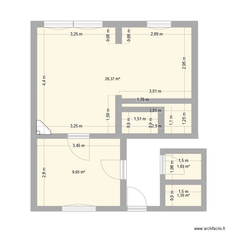 RDC. Plan de 4 pièces et 39 m2
