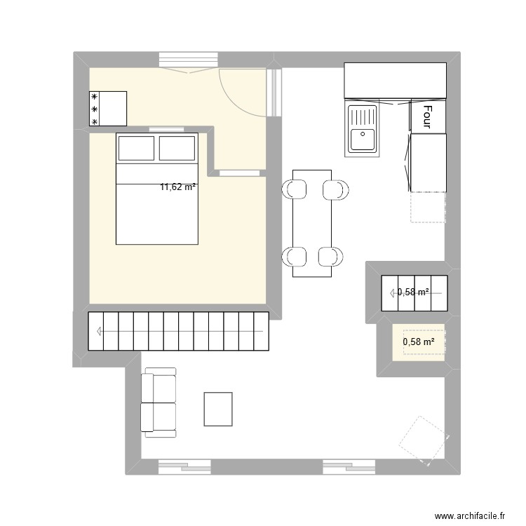 salon cuisine. Plan de 3 pièces et 13 m2