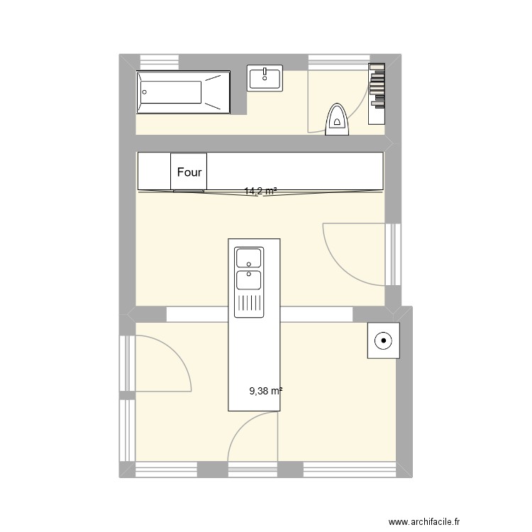 Cuisine SDB - réno. Plan de 2 pièces et 24 m2