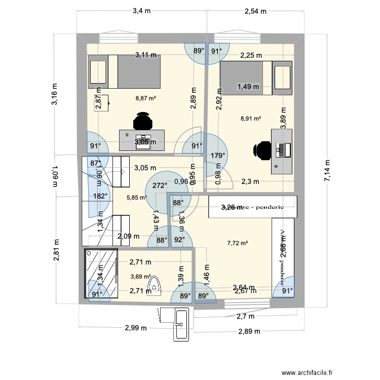 87 GS 1er étage avec douche et agrandissement SDB. Plan de 5 pièces et 35 m2