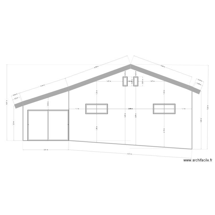Avant projet façade Est. Plan de 2 pièces et 43 m2