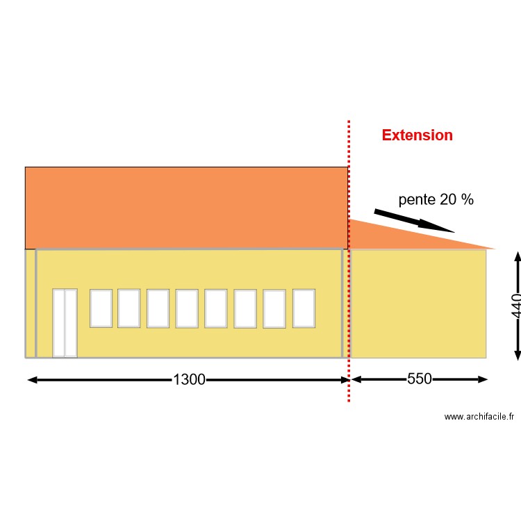 plan façade extension. Plan de 1 pièce et 57 m2