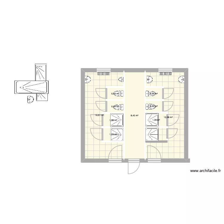 sanitaire. Plan de 10 pièces et 39 m²