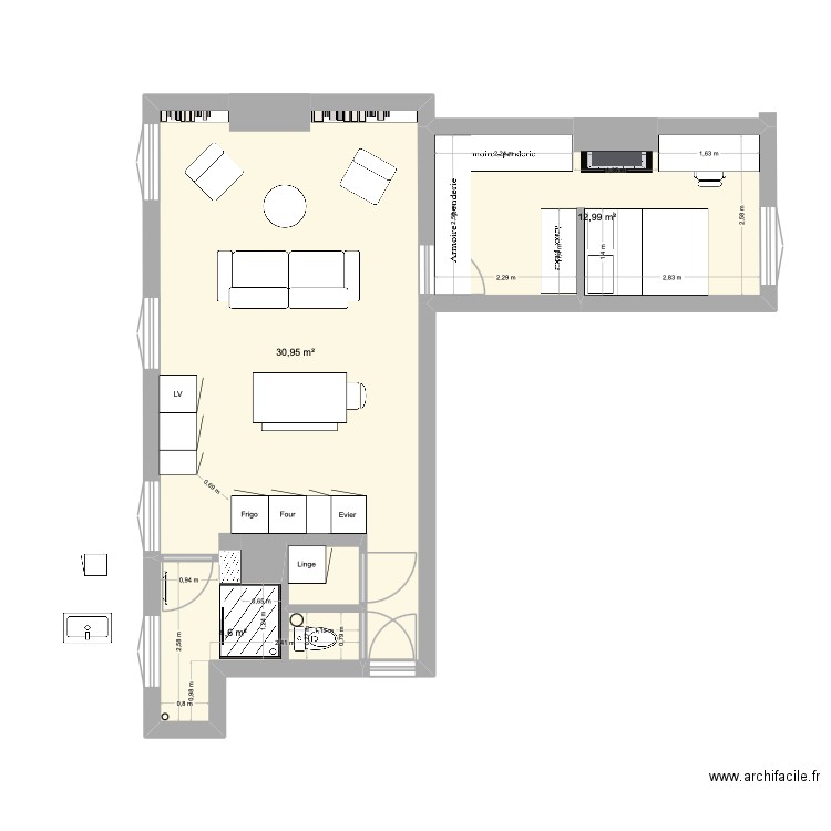 Plan coté Theo test. Plan de 3 pièces et 49 m2