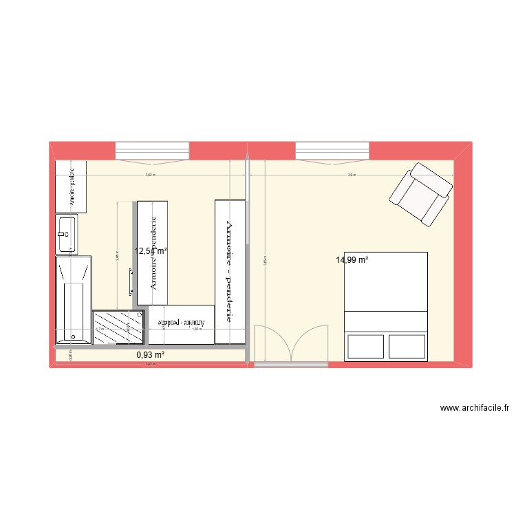 chambre routier II. Plan de 3 pièces et 28 m2