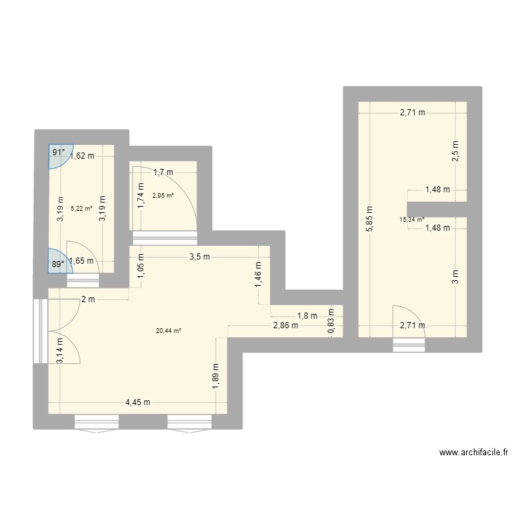 cave. Plan de 4 pièces et 44 m2