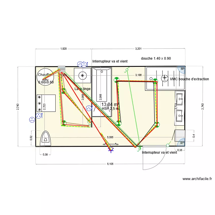 courant salle de bain. Plan de 1  et 14 m²