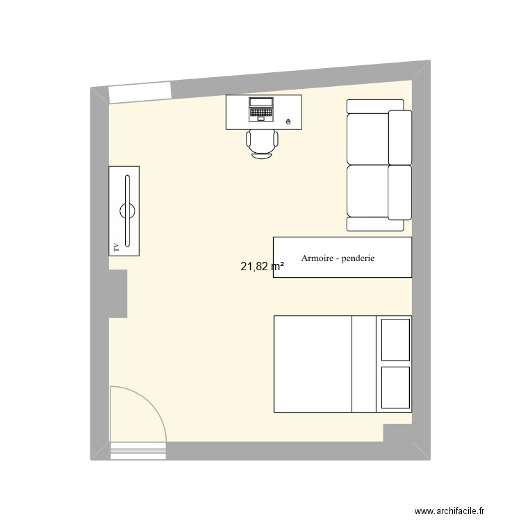 Chambre tele bureau. Plan de 1 pièce et 22 m2
