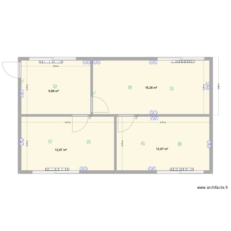 bungalow cuverie. Plan de 4 pièces et 52 m2