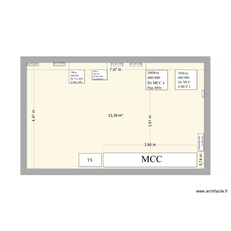 Salle electrique Usine - brunelle. Plan de 1  et 33 m²