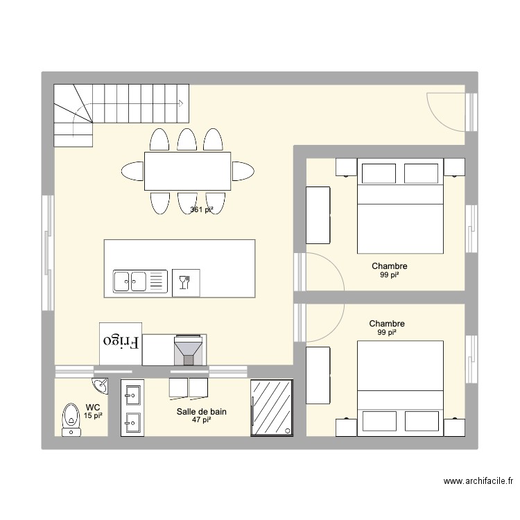 Chalet etage 1. Plan de 5 pièces et 58 m2