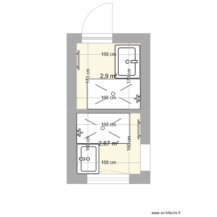 salle de bain pillerie v1. Plan de 2 pièces et 6 m2