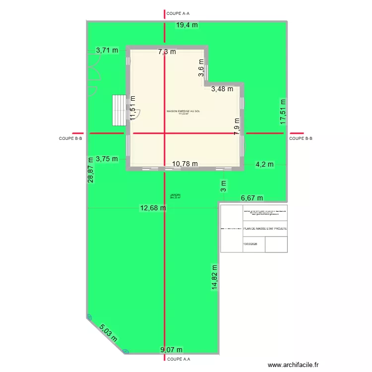 41 SORINS PLAN DE MASSE ETAT PROJETE. Plan de 2  et 634 m²
