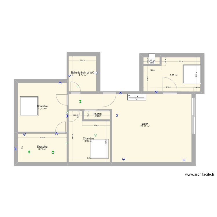 appart. Plan de 8 pièces et 71 m2