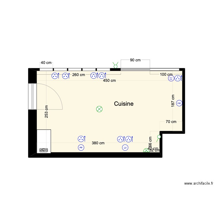 PLAN CUISINE NUE PORTE GALANDAGE. Plan de 1 pièce et 11 m2