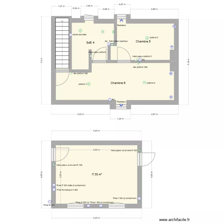 Paris 2. Plan de 5  et 49 m²