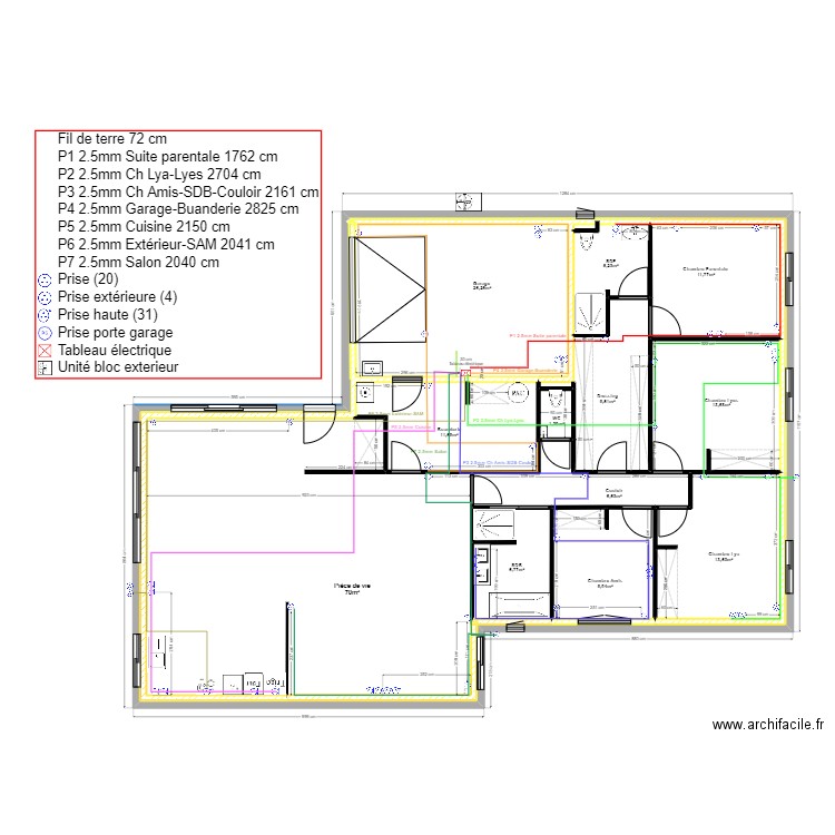 Electricité prises. Plan de 11 pièces et 185 m2