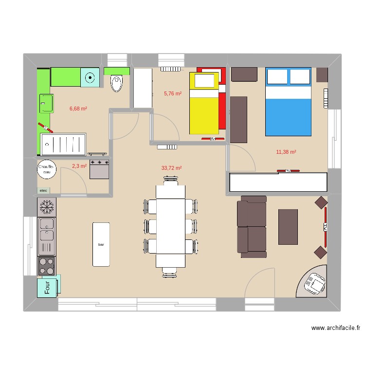 modif new 60m2. Plan de 5 pièces et 60 m2