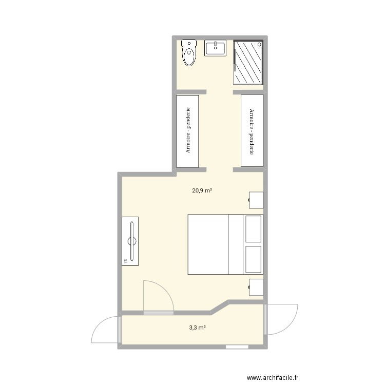 chambre parentale . Plan de 2 pièces et 24 m2