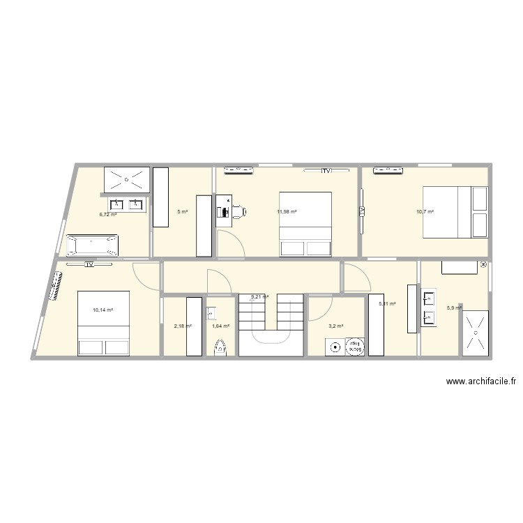 Titi/mama haut. Plan de 11 pièces et 72 m2