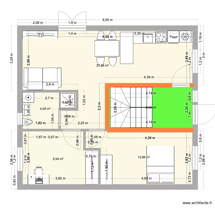 RDC Maison2 h&eacute;singue V2. Plan de 