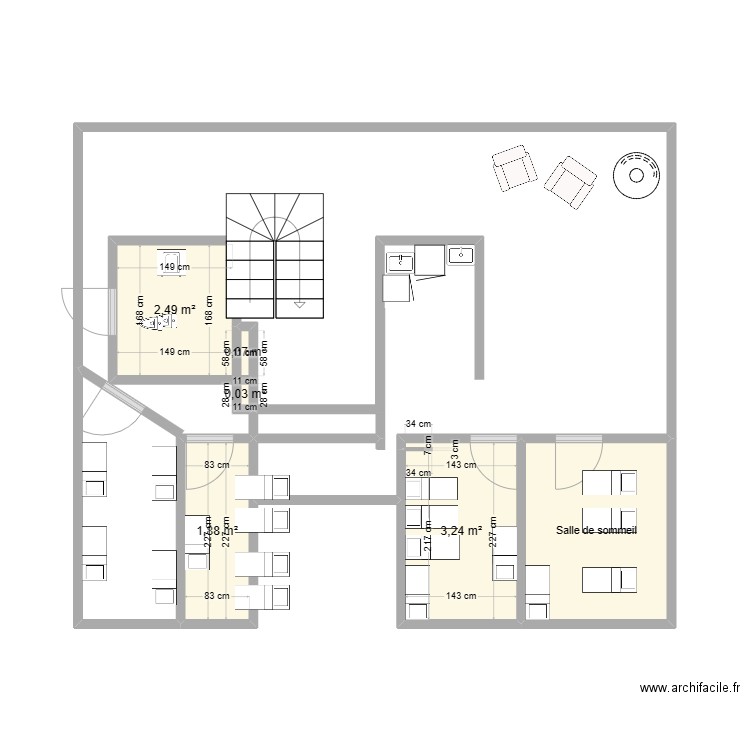 Étage librairie. Plan de 6 pièces et 12 m2