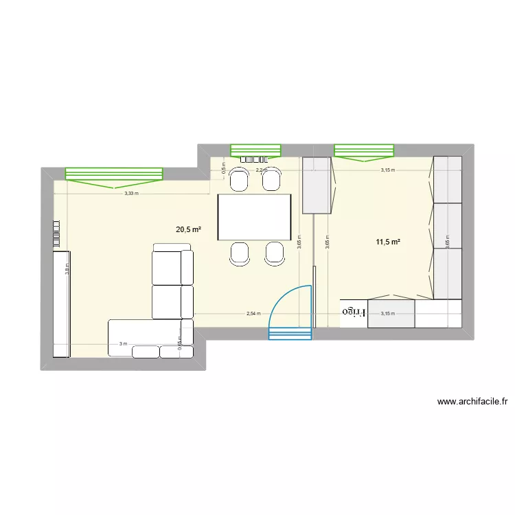 salon 2. Plan de 2 pièces et 32 m²