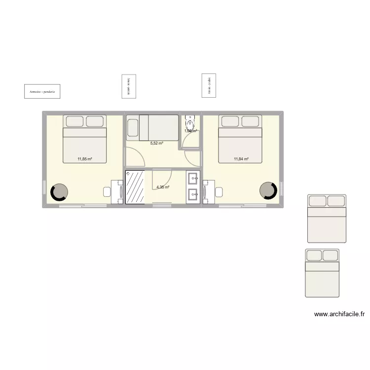 extension 4x10 2ch identiques + 1lit triple. Plan de 5 Pièces et 35 m²