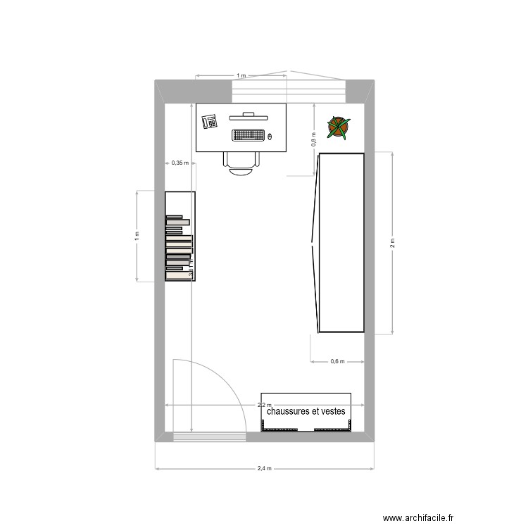 chambre vestiaire & bureau, armoire 200x60. Plan de 1 pièce et 8 m2