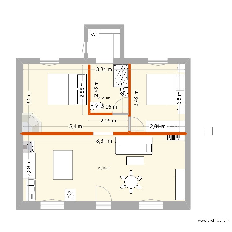 Ouvertures sauf porteur. Plan de 2 pièces et 56 m2