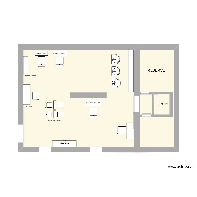 PLAN SALON HAIR LONGE. Plan de 2 pièces et 34 m2