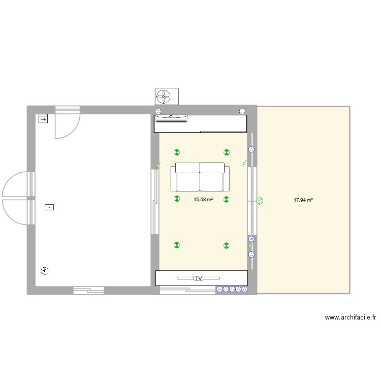 Extension Salon DD-monique. Plan de 2 pièces et 34 m2