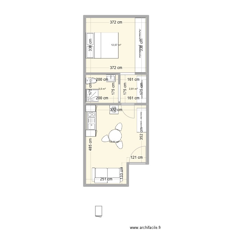 Studios Malika n02. Plan de 4 pièces et 35 m2