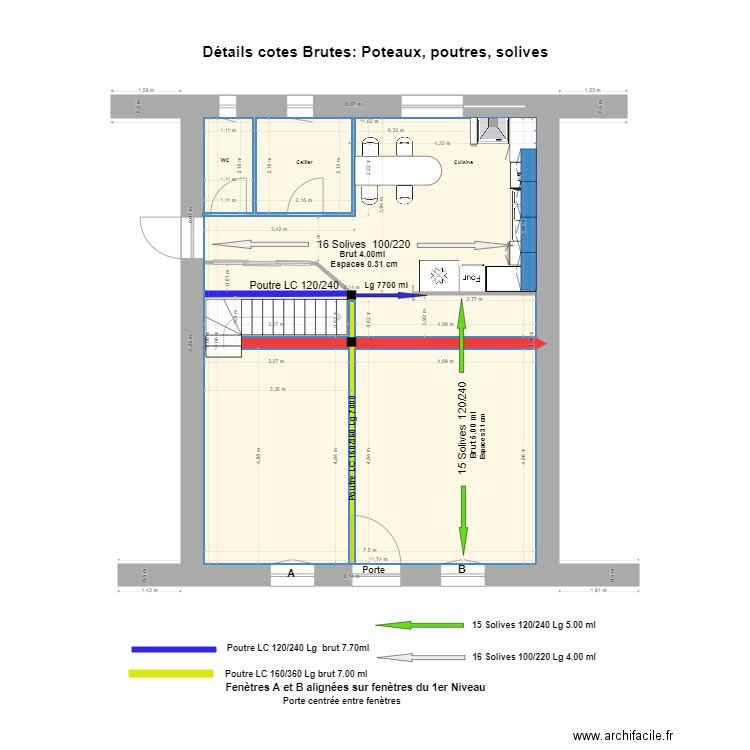 Détails cotes: poteaux, poutres, solives Haut R de Ch*. Plan de 1 pièce et 72 m2