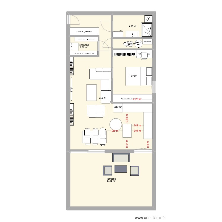 Appart en pétant un seul mur version 1. Plan de 6 pièces et 84 m2