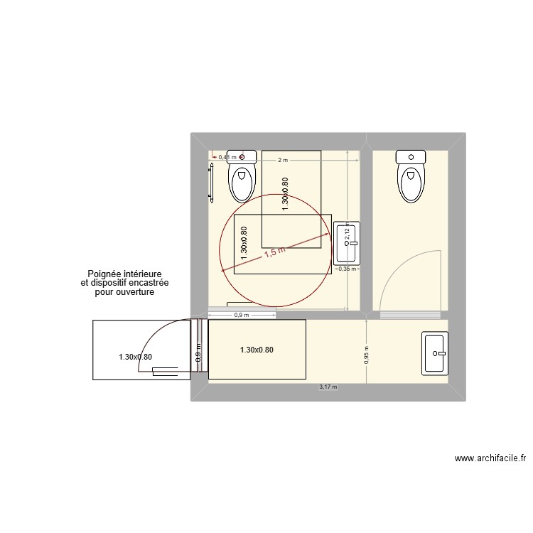 WC ARBORAS. Plan de 2 pièces et 9 m2