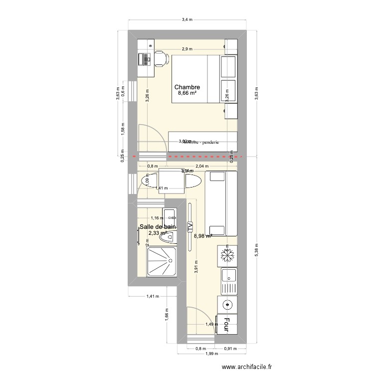 Studio 22m2 - Maisons Alfort - dimensions sans mur. Plan de 3 pièces et 20 m2
