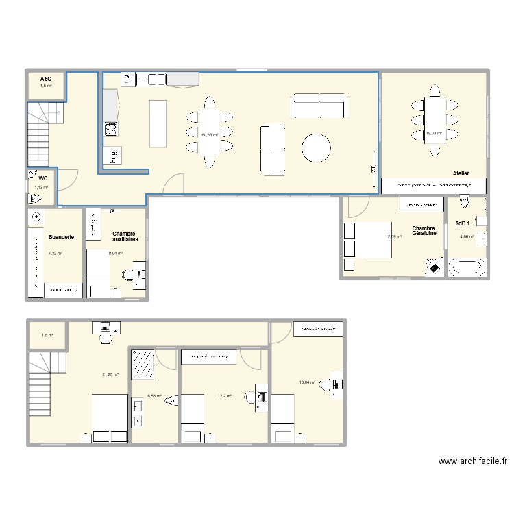 plan U achat . Plan de 13 pièces et 169 m2