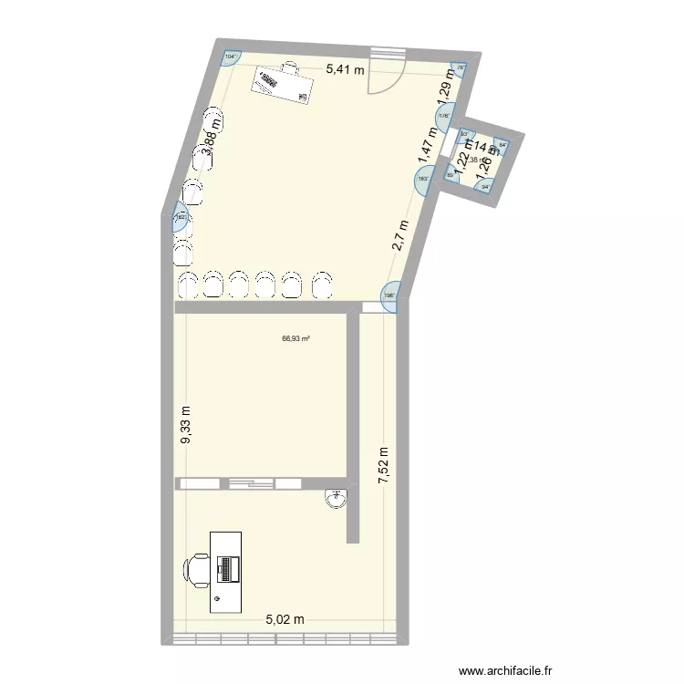 Bureau B. Plan de 2  et 68 m²