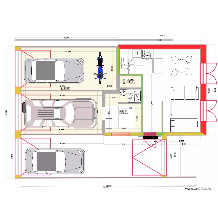 plan garage + extension arri&egrave;re. Plan de 23  et 216 m²