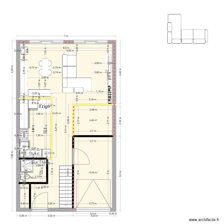 rdc. Plan de 3 pièces et 72 m2
