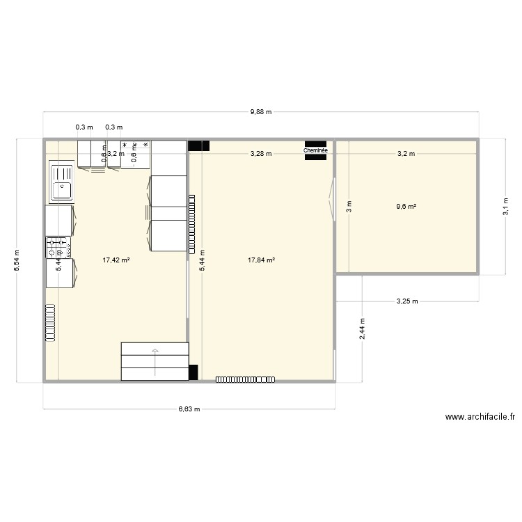 Forna. Plan de 3 pièces et 45 m2