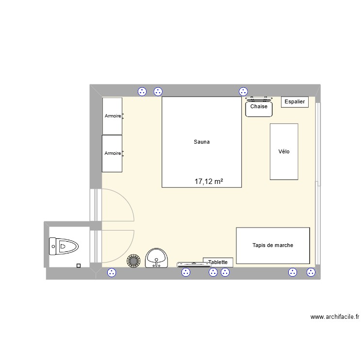 Salle de sport. Plan de 1 pièce et 17 m2