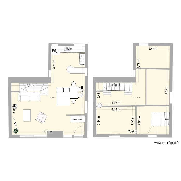 habitation principale. Plan de 2 pièces et 105 m2